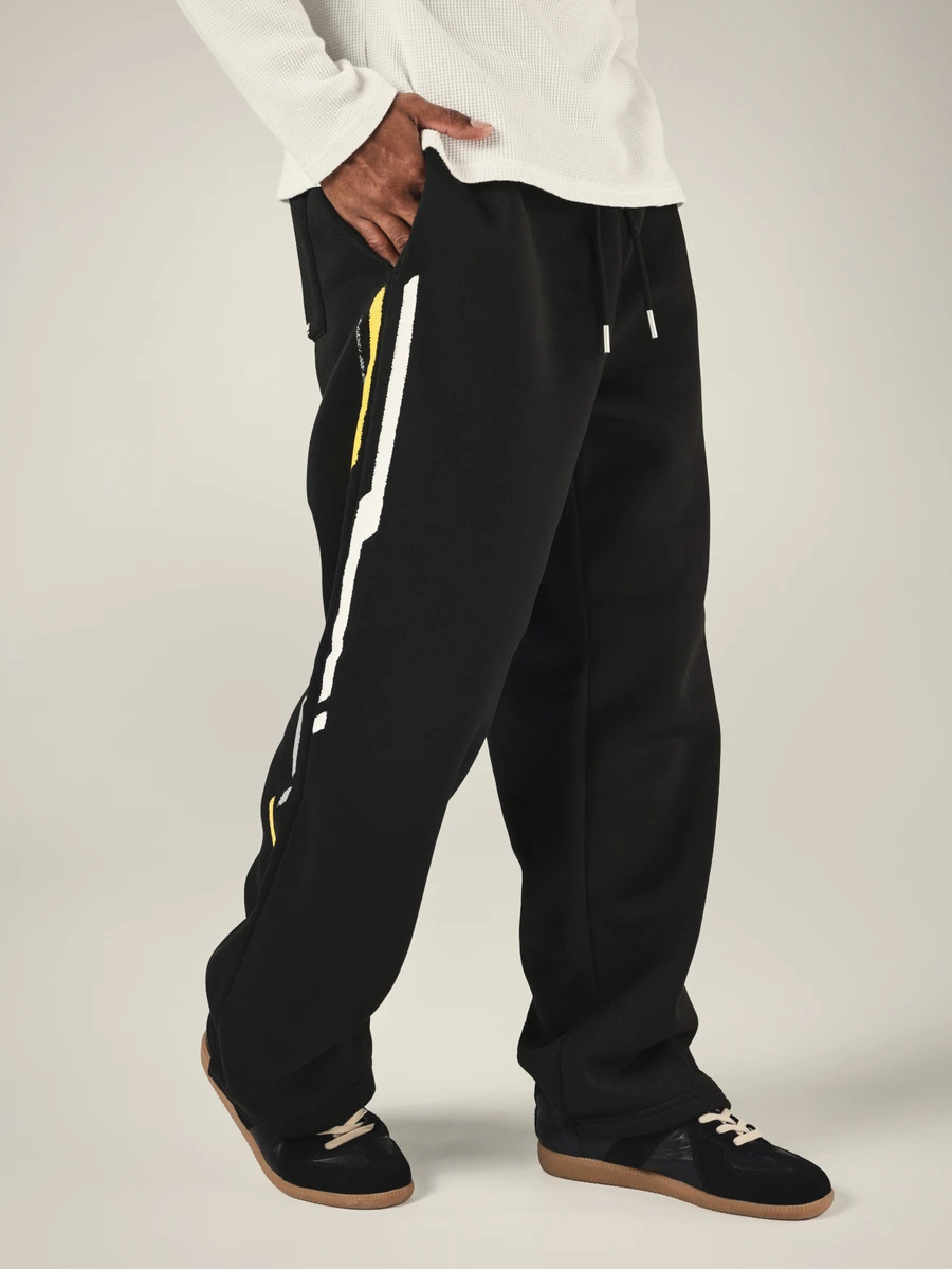 SUMWON Wide Leg Black Sweatpants With Contrast Applique Side Stripe Detail Drawstring Waist Relaxed Fit Full Length Lounge Trousers - Black - View 1