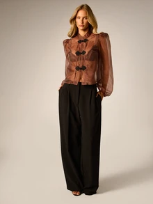 AiiRZ Sheer Organza Puff Sleeve Blouse With Mandarin Collar And Ornate Frog Button Closures Fall Winter Elegant Top - Brown - View 4
