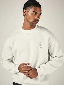 SUMWON SC Monogram Embroidered Crew Neck Sweatshirt Oversized Relaxed Fit Long Sleeve Casual Pullover Top Fall Winter Essential - Grey - View 4