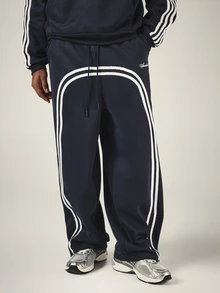 SUMWON Wide Leg Track Pants With Contrast White Stripe Detailing Drawstring Waist Script Logo Embroidery Full Length Casual Style - Navy Blue - View 1