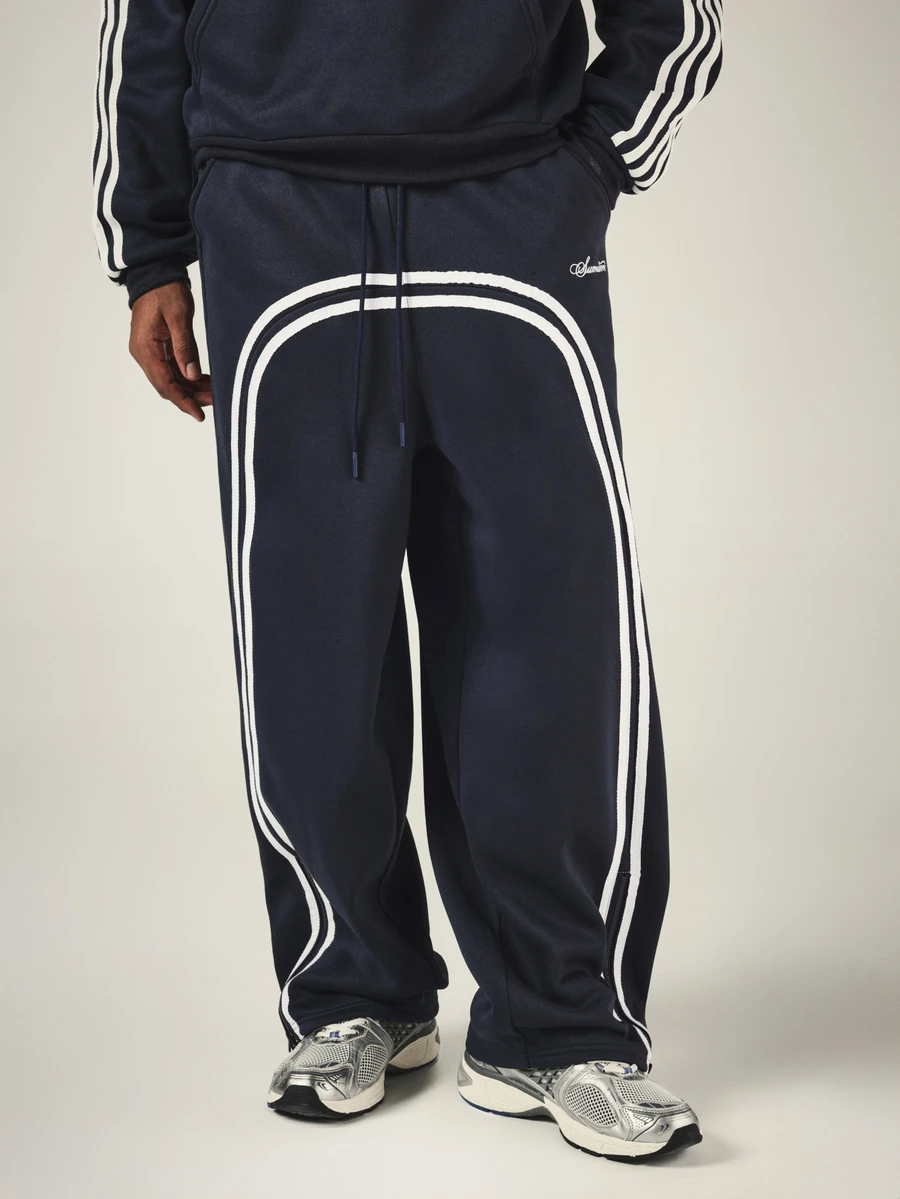 SUMWON Wide Leg Track Pants With Contrast White Stripe Detailing Drawstring Waist Script Logo Embroidery Full Length Casual Style - Navy Blue - View 1
