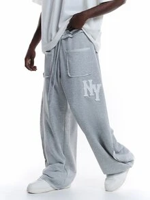 SUMWON NY Applique Wide Leg Sweatpants With Patch Pockets Drawstring Waist And Side Split Hem Casual Street Style - Grey - View 5