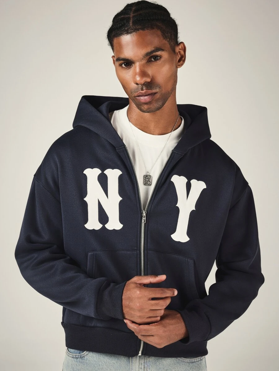 SUMWON Hoodie Full Zip Oversize NY New York dengan Huruf Applique Tebal, Saku Samping, Lengan Panjang, Kasual, untuk Lapisan Musim Dingin - Navy Blue - View 1