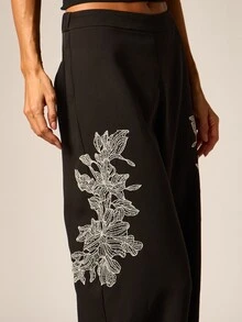 AiiRZ Wide Leg Dress Pants With Floral Lace Applique Leg Detail Elastic Waist Full Length Palazzo Style Formal Evening Party Occasion Trousers - Black - View 5