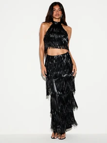 KIZN Tiered Fringe Faux Leather Maxi Skirt With Back Split Statement Party Festival Evening Occasion Long Length Style - Black - View 4