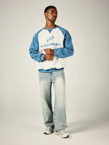 SUMWON Club Raglan Crew Neck Sweatshirt With Color Block Sleeves And Logo Chest Print Oversized Pullover Top - Blue and White - View 3