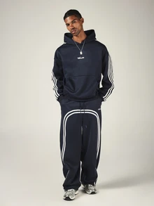 SUMWON Oversized Pullover Hoodie With Contrast Sleeve Stripes Script Chest Embroidery Centre Pocket Winter Essential - Navy Blue - View 3