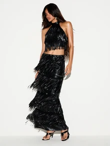 KIZN Tiered Fringe Faux Leather Maxi Skirt With Back Split Statement Party Festival Evening Occasion Long Length Style - Black - View 2