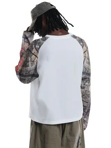 SUMWON Oversized Raglan Long Sleeve Tee With Camo Print Sleeves And Cursive Script Detail Crew Neck Color Block Top - Multicolor - View 2