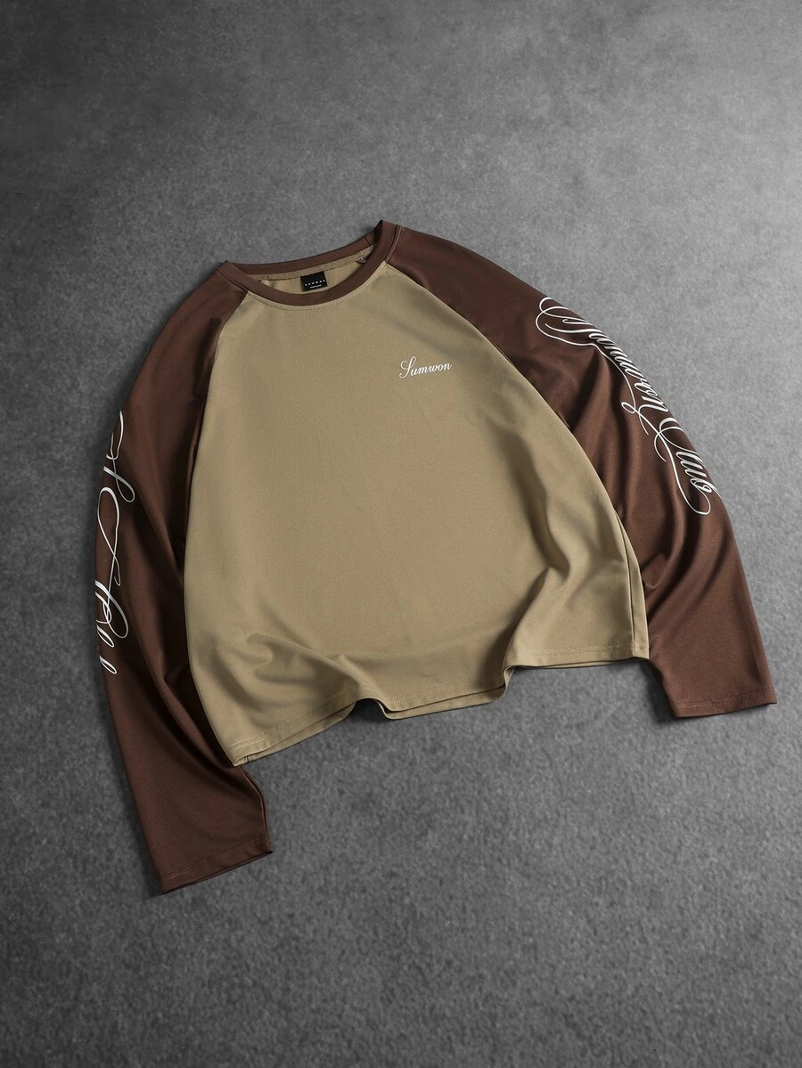 SUMWON Raglan Crop Long Sleeve Tee With Cursive Script Sleeve Print Crew Neck Two Tone Color Block Top - Brown - View 1