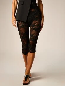 AiiRZ Sheer Floral Lace Cropped High Rise Capri Leggings With All Over Floral Pattern Perfect For Summer Nights And Festival Season - Black - View 1