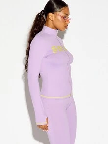 SUMWON WOMEN Lavender Zip-Up Cropped Track Jacket With Old English Brand Text Print High Neck Fitted Long Sleeve Yellow Contrast Hem Detail - Purple - View 6