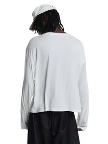 SUMWON Waffle Knit Henley Long Sleeve Crop Top With Button Placket Boxy Fit Casual Relaxed Tee Fall Winter Essential - White - View 2