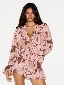 KIZN Chiffon Romper With Swirl Print Collared Neckline Long Bell Sleeves Ruffle Hem And Relaxed Fit Summer Festival - Pink - View 1