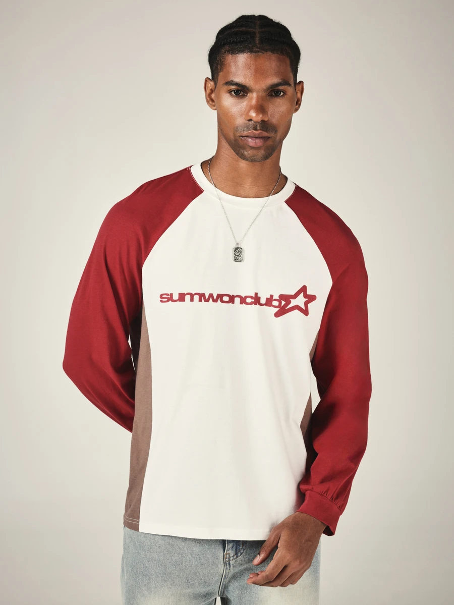 SUMWON Club Colorblock Raglan Long Sleeve Tee With Chest Logo Print Crew Neck Oversized Fit Y2K Streetwear Top - Multicolor - View 1