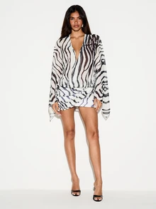 KIZN Zebra Print Plunge V-Neck Batwing Sleeve Wrap Mini Dress Sheer Chiffon Ruched Bodycon Summer Party Night Out - Black - View 2