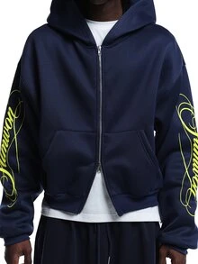 SUMWON Full-Zip Hoodie With Neon Script Sleeve Print Oversized Fit Single Centre Pocket Casual Streetwear Fall Winter - Navy Blue - View 6