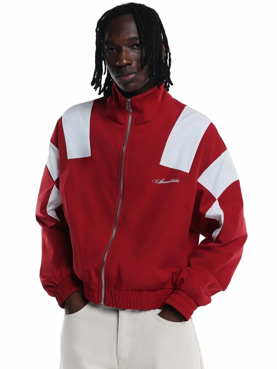 SUMWON Oversized Color Block Windbreaker Jacket With Full Zip Closure Mandarin Collar And Elasticated Hem And Cuffs - Red and White - View 1