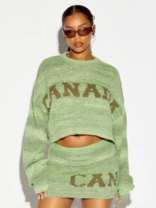 SUMWON WOMEN Canada Intarsia Text Rhinestone Detail Crew Neck Oversized Crop Sweater Knit Pullover Fall Winter Festive Holiday Season - Army Green - View 1