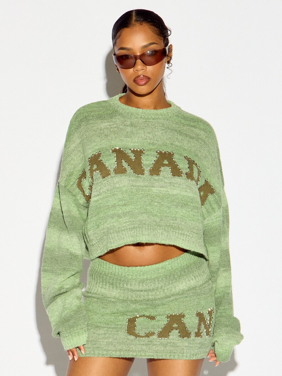 SUMWON WOMEN Canada Intarsia Text Rhinestone Detail Crew Neck Oversized Crop Sweater Knit Pullover Fall Winter Festive Holiday Season - Army Green - View 1