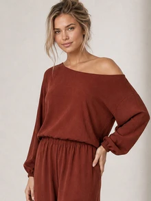 ELLERISSA Burgundy Off Shoulder Long Sleeve Balloon Hem Top & Drawstring Hem Pants Co-Ord Set - Burgundy - View 6