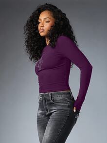 BABYPHAT Women's Cat Rhinestone Round Neck Long Sleeve Fitted Versatile T-Shirt - Purple - View 2
