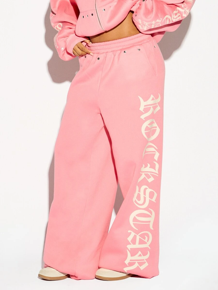 SUMWON WOMEN Winter Essentials Oversized Wide Leg Sweatpants With Old English Rockstar Leg Print Metal Eyelet Waist Detail Elastic Waistband Full Length Casual Lounge Pants Autumn Warm Cozy - Pink - View 1