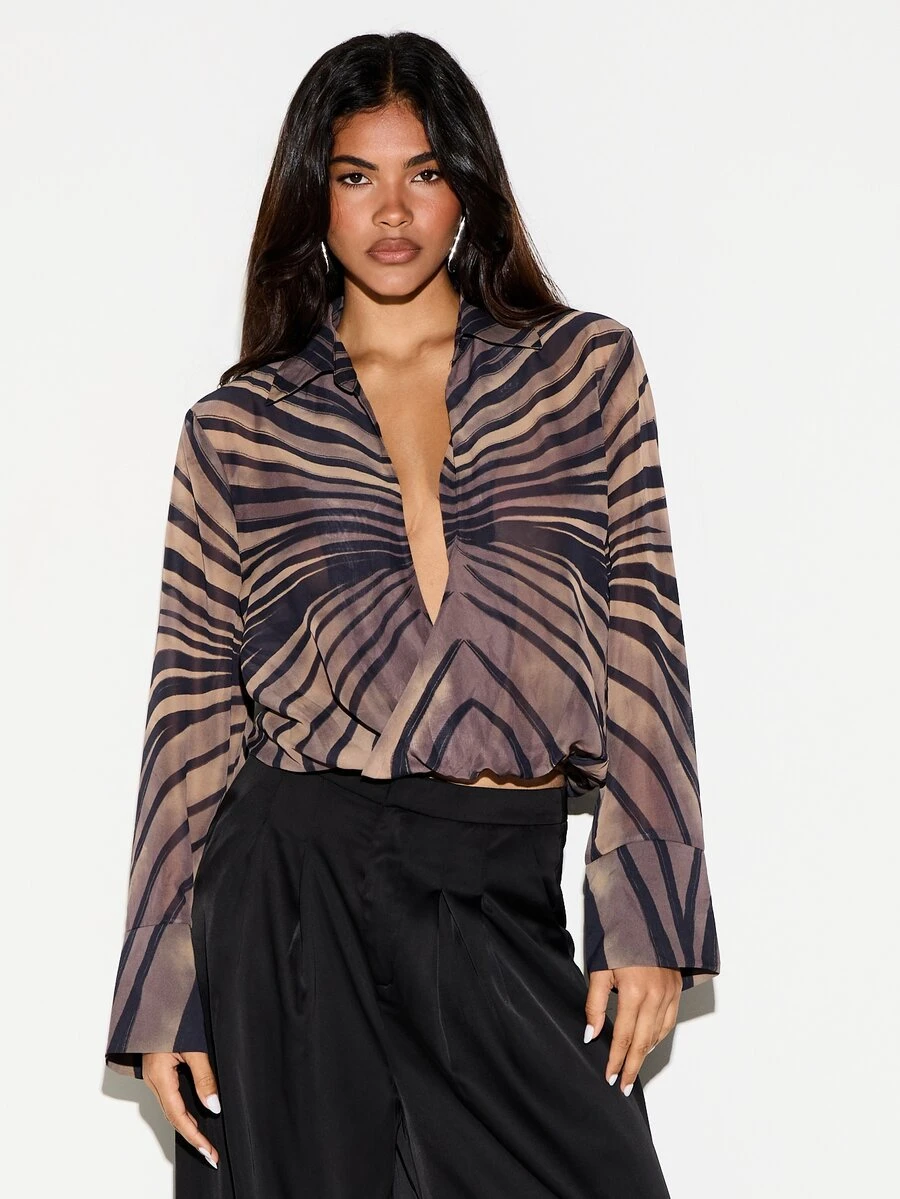 KIZN Oversized Abstract Swirl Print Deep Plunge Collared Crop Blouse With Bell Sleeves Semi Sheer Chiffon Party Night Out Top - Multicolor - View 1