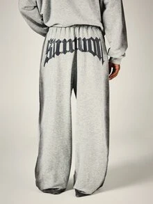 SUMWON Wide Leg Sweatpants With Bold Gothic Logo Back Print Elastic Drawstring Waist Oversized Fleece Jogger Pants Fall Winter Streetwear - Grey - View 1