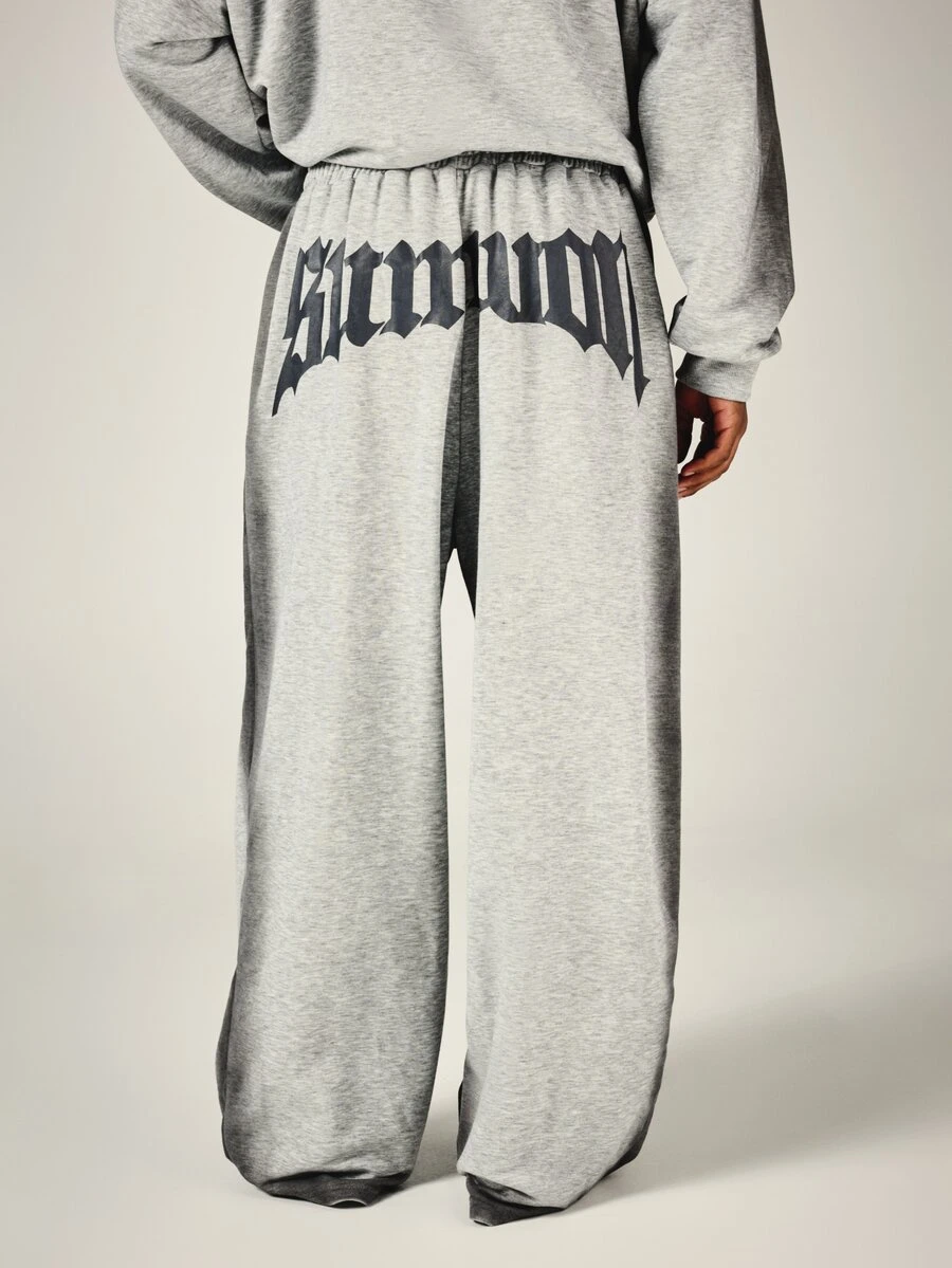 SUMWON Wide Leg Sweatpants With Bold Gothic Logo Back Print Elastic Drawstring Waist Oversized Fleece Jogger Pants Fall Winter Streetwear - Grey - View 1