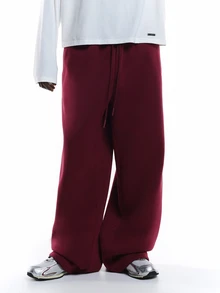PLAYBOY X SUMWON Bunny Logo Wide Leg Sweatpants Drawstring Waist Fleece Jogger Trousers With Side And Back Pockets Fall Winter Casual Streetwear - Burgundy - View 4