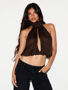 KIZN Halter Neck Tie Detail Chiffon Crop Top With Deep Cut-Out Front And Scallop Hem For Summer Festival Party Night Out - Green - View 1