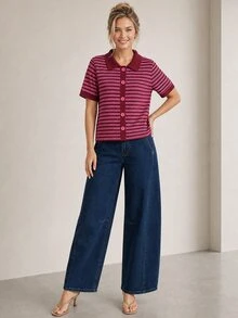 ELLERISSA Burgundy Stripe Collared Short Sleeve Button Front Knit Cardigan Top - Multicolor - View 4