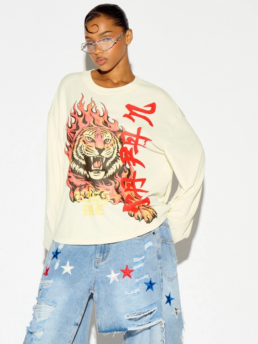 SUMWON WOMEN Oversized Cream Waffle Knit Long Sleeve Top With Flaming Tiger Graphic And Graffiti Script Print Crew Neck Drop Shoulder - Apricot - View 1