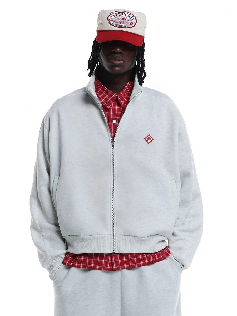 SUMWON Oversized Full-Zip Sweatshirt With High Neck Stand Collar Side Pockets And Embroidered Chest Logo Casual Winter Essential - Grey - View 1