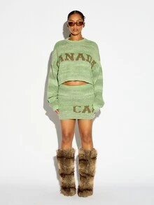 SUMWON WOMEN Rok Mini Rajut Intarsia dengan Studs, Cetakan Teks Canada dan Ban Pinggang Berusuk untuk Musim Gugur, Musim Dingin dan Liburan - Hijau Tentara - View 3