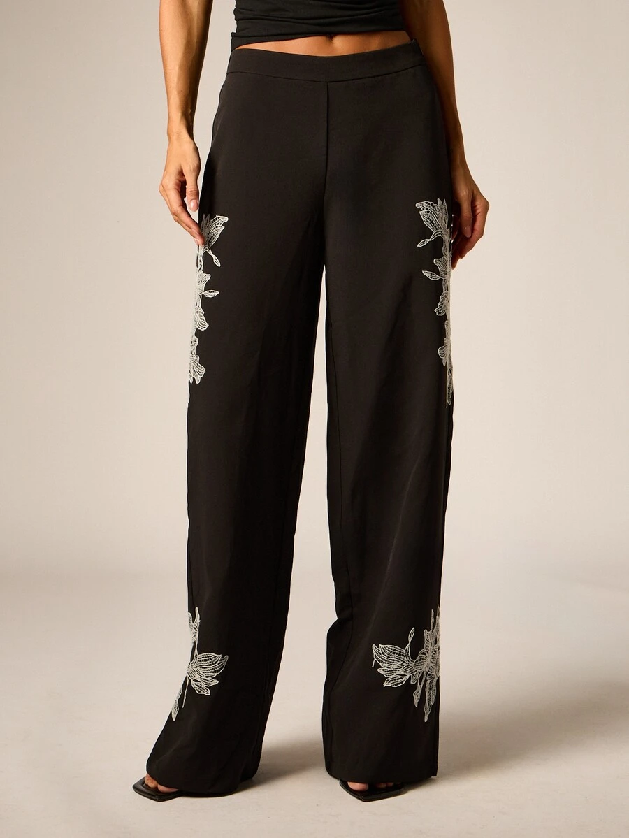 AiiRZ Wide Leg Dress Pants With Floral Lace Applique Leg Detail Elastic Waist Full Length Palazzo Style Formal Evening Party Occasion Trousers - Black - View 1