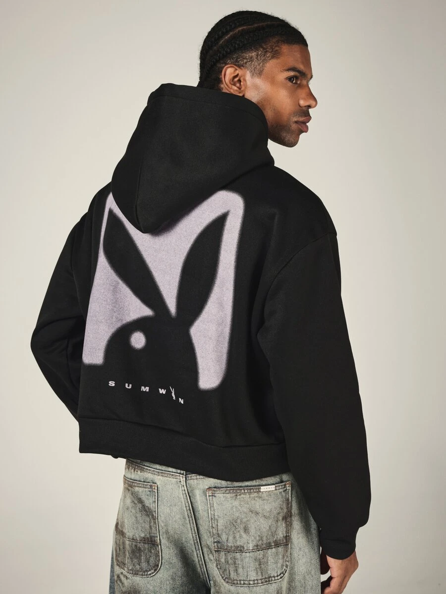 PLAYBOY X SUMWON Bunny Oversized Pullover Hoodie With Large Back Graphic Print And Chest Logo For Fall Winter - Black - View 1