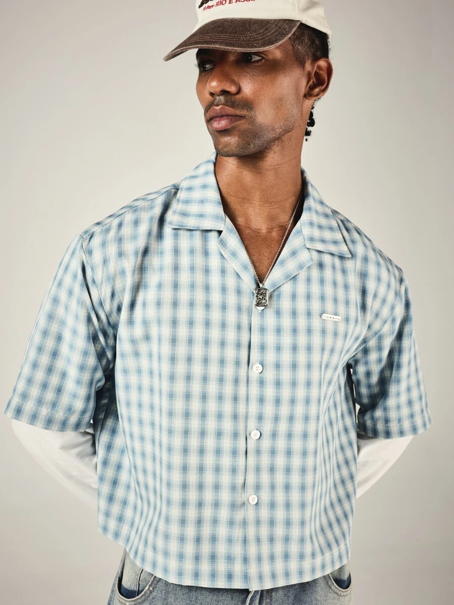 SUMWON Plaid Checked Short Sleeve Camp Collar Cropped Button Up Shirt Summer Holiday Casual Boxy Fit Woven Top - Multicolor - View 1