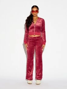 SUMWON WOMEN Velvet Flared Track Pants With Side Stripe Detail Low Rise Drawstring Waist And Tonal Embroidered Logo Patch Pockets Full Length - Red - View 5