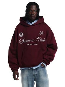 SUMWON Club New York Oversized Pullover Hoodie With Sheild Graphic And Script Logo Print For Fall Winter - Burgundy - View 1
