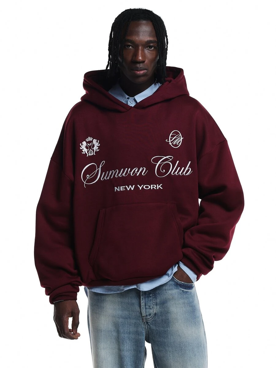 SUMWON Club New York Oversized Pullover Hoodie With Sheild Graphic And Script Logo Print For Fall Winter - Burgundy - View 1
