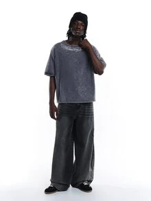 SUMWON Oversized Acid Washed Crew Neck T-Shirt With Cursive Script Chest Print Boxy Short Sleeve Summer Festival Streetwear Top - Grey - View 4