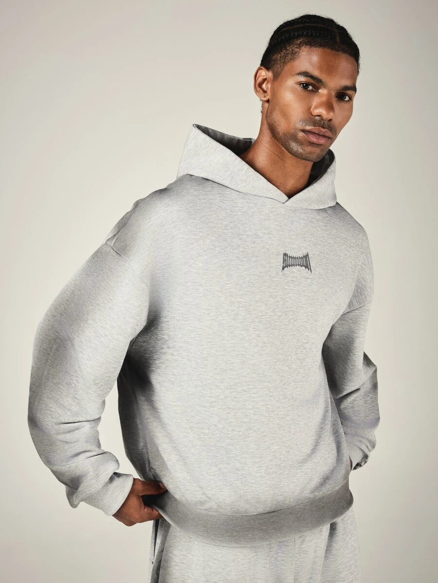 SUMWON Oversized Pullover Hoodie With Small Chest Logo Dropped Shoulder Long Sleeve Ribbed Hem Cozy Casual Winter Essential - Grey - View 1