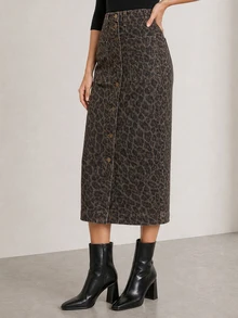 ELLERISSA Leopard Print High Waist Button Front Denim Midi Pencil Skirt - Multicolor - View 1
