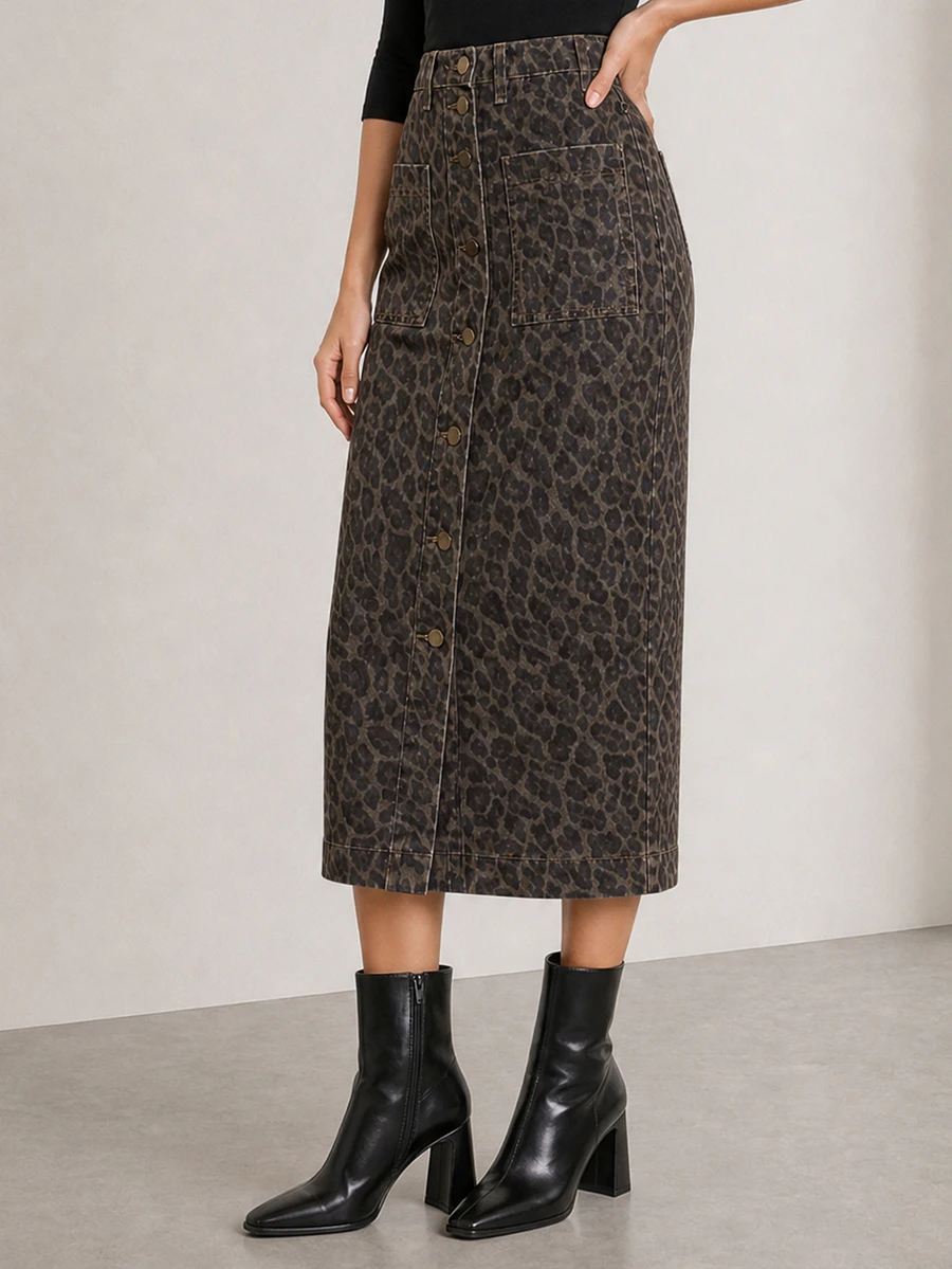 ELLERISSA Leopard Print High Waist Button Front Denim Midi Pencil Skirt - Multicolor - View 1