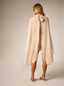 AiiRZ Chiffon Cape Romper With High Neck Tie Back Butterfly Sleeves And Satin High Rise Shorts For Summer Occasions - Apricot - View 2
