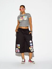 SUMWON WOMEN Striped Crop Slim Fit Tee With Colorful Badge Sticker Chest Print Crew Neck Short Sleeve Summer Festival Top - Black and White - View 2