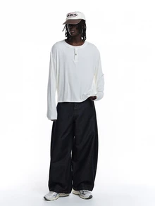 SUMWON Waffle Knit Henley Long Sleeve Crop Top With Button Placket Boxy Fit Casual Relaxed Tee Fall Winter Essential - White - View 3