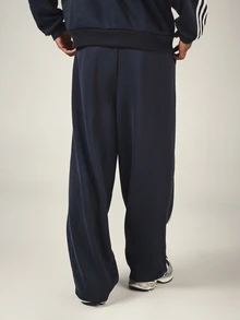 SUMWON Wide Leg Track Pants With Contrast White Stripe Detailing Drawstring Waist Script Logo Embroidery Full Length Casual Style - Navy Blue - View 2